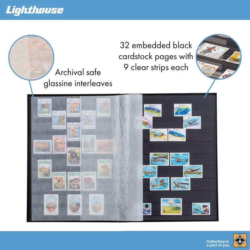 LIGHTHOUSE â€“ â€œBASICâ€ Hard Cover Stockbook for Stamps â€“ 32 Black Cardstock 9â€x12â€ (A4) Pages with Clear Strips - Black - Image 3