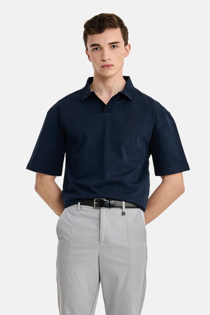 سنيتش Dark Blue Solid Half Sleeve Oversized Casual T-Shirt