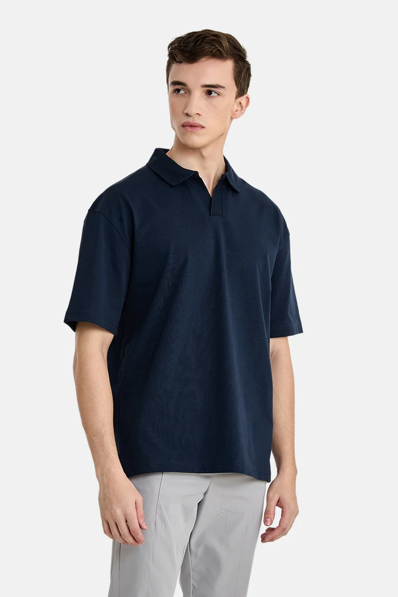 Snitch Dark Blue Dark Blue Solid Half Sleeve Oversized Casual T-Shirt for Men | Best Price UAE