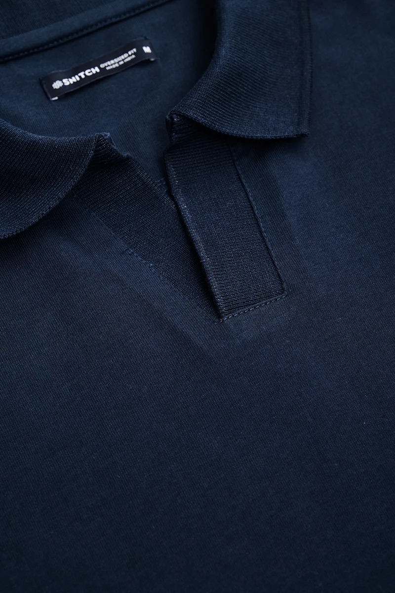 Snitch Dark Blue Dark Blue Solid Half Sleeve Oversized Casual T-Shirt for Men | Best Price UAE