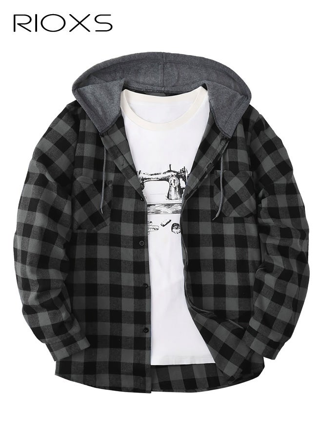 RIOXS Men's Plaid Hoodie Shirt, Trendy Loose Fit Long Sleeve Hooded Jacket Shirts for Men, Casual Button Down Shirts with Pockets, Comfortable Lightweight Drawsting Plaid Shirts, Winter Fall Outfits for Office, Party, School, Running, Sport, Gym and More - Image 1