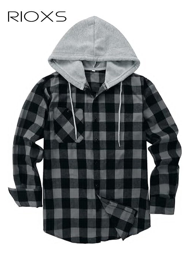 RIOXS Men's Plaid Hoodie Shirt, Trendy Loose Fit Long Sleeve Hooded Jacket Shirts for Men, Casual Button Down Shirts with Pockets, Comfortable Lightweight Drawsting Plaid Shirts, Winter Fall Outfits for Office, Party, School, Running, Sport, Gym and More - Image 2