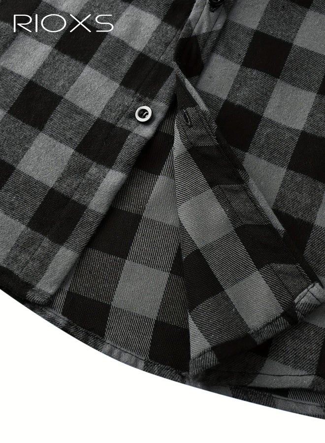 RIOXS Men's Plaid Hoodie Shirt, Trendy Loose Fit Long Sleeve Hooded Jacket Shirts for Men, Casual Button Down Shirts with Pockets, Comfortable Lightweight Drawsting Plaid Shirts, Winter Fall Outfits for Office, Party, School, Running, Sport, Gym and More - Image 4