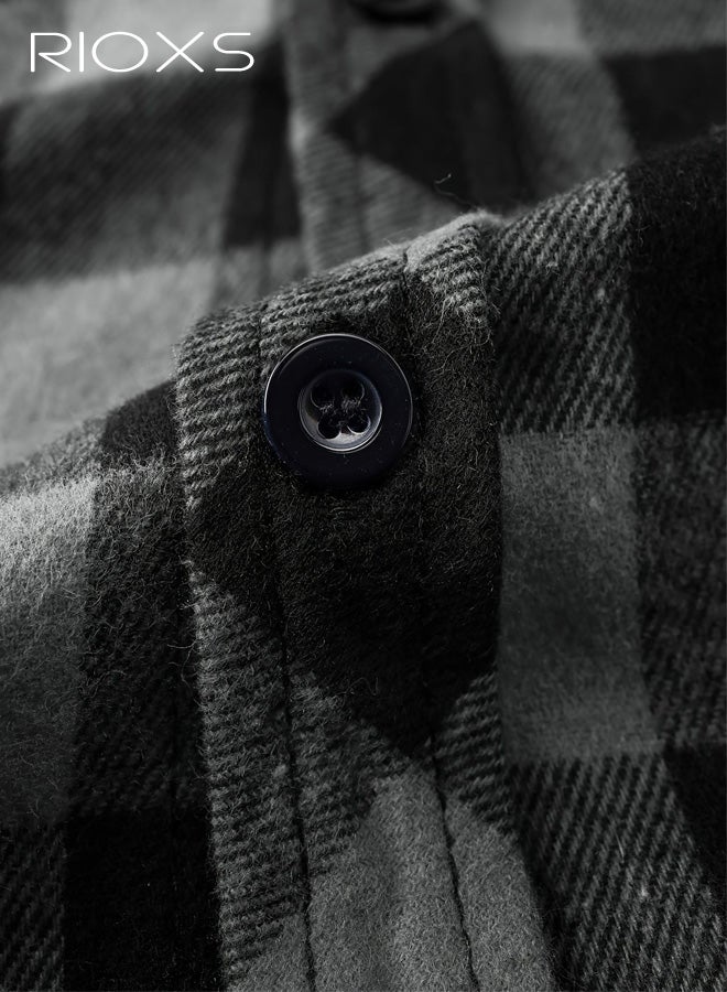 RIOXS Men's Plaid Hoodie Shirt, Trendy Loose Fit Long Sleeve Hooded Jacket Shirts for Men, Casual Button Down Shirts with Pockets, Comfortable Lightweight Drawsting Plaid Shirts, Winter Fall Outfits for Office, Party, School, Running, Sport, Gym and More - Image 5