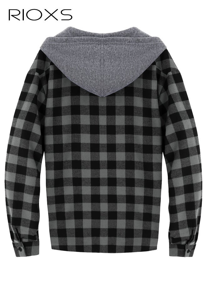 RIOXS Men's Plaid Hoodie Shirt, Trendy Loose Fit Long Sleeve Hooded Jacket Shirts for Men, Casual Button Down Shirts with Pockets, Comfortable Lightweight Drawsting Plaid Shirts, Winter Fall Outfits for Office, Party, School, Running, Sport, Gym and More - Image 3