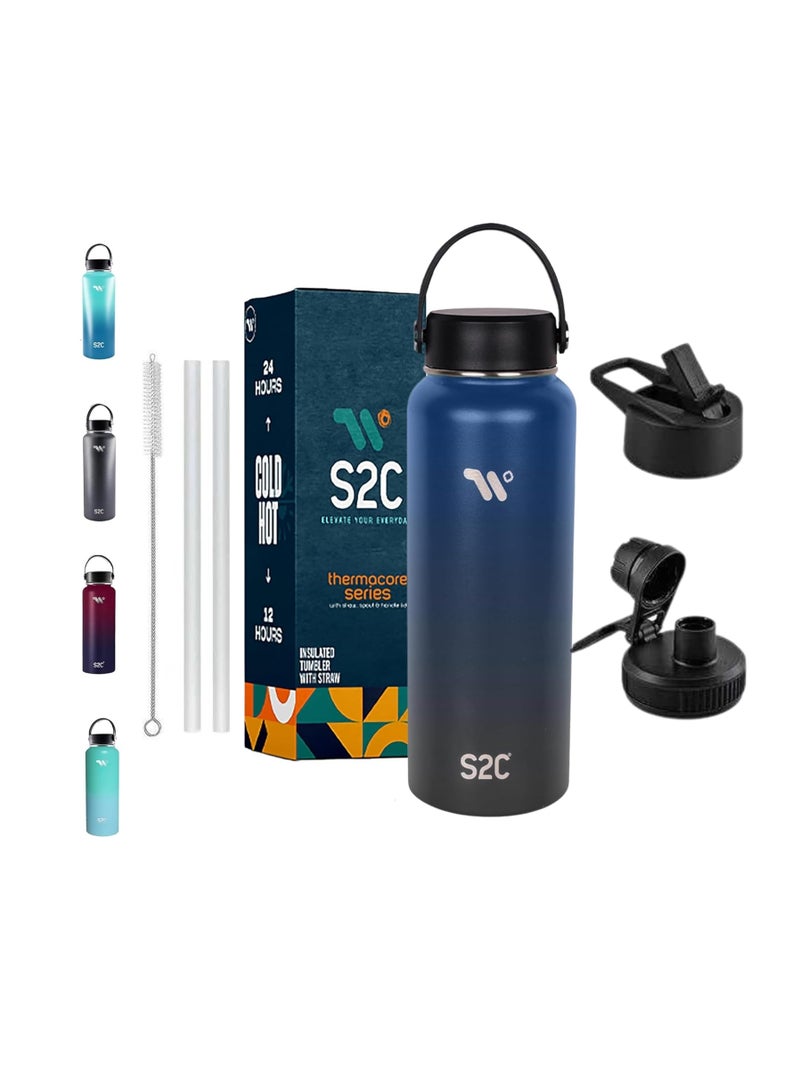 S2C 1200ML Insulated Water Bottle with 3 Lids, Double Wall, Leak Proof, Stainless Steel Water Bottle With Straw Water Bottle For Gym, Water Bottle Thermos Flask for Hot Water Bottle (DARK NIGHT) - Image 1