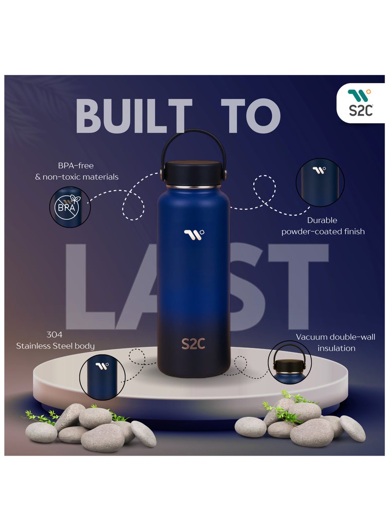 S2C 1200ML Insulated Water Bottle with 3 Lids, Double Wall, Leak Proof, Stainless Steel Water Bottle With Straw Water Bottle For Gym, Water Bottle Thermos Flask for Hot Water Bottle (DARK NIGHT) - Image 2