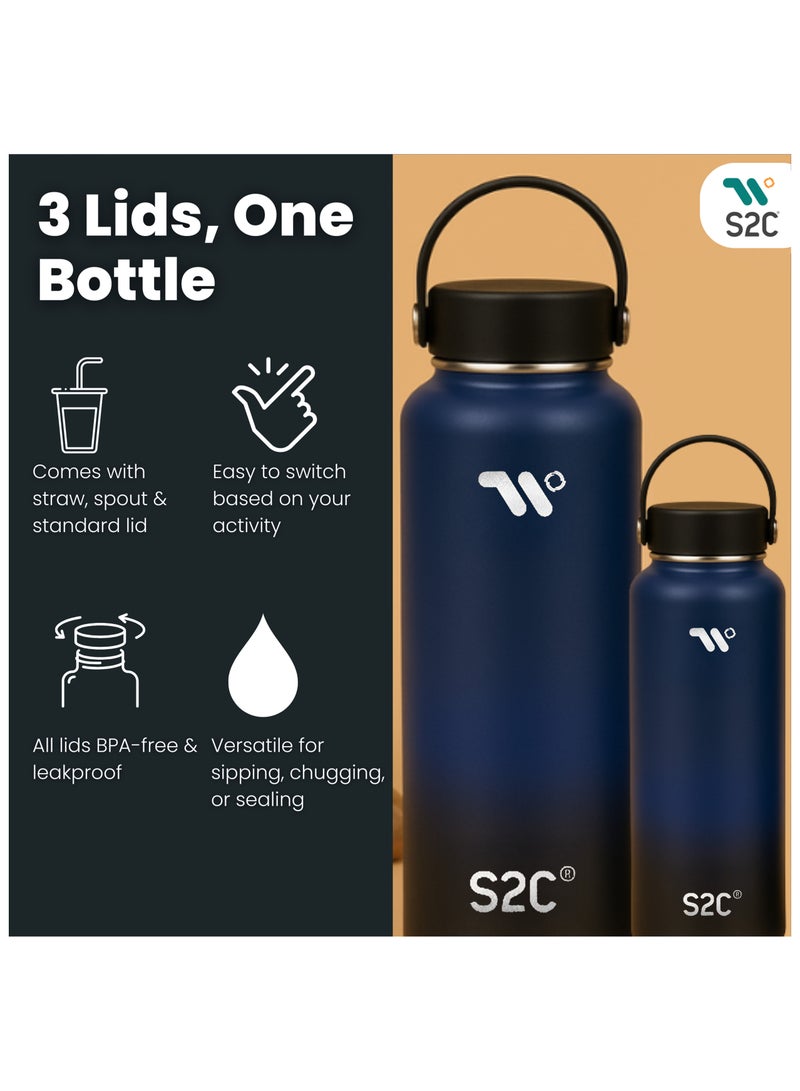 S2C 1200ML Insulated Water Bottle with 3 Lids, Double Wall, Leak Proof, Stainless Steel Water Bottle With Straw Water Bottle For Gym, Water Bottle Thermos Flask for Hot Water Bottle (DARK NIGHT) - Image 3