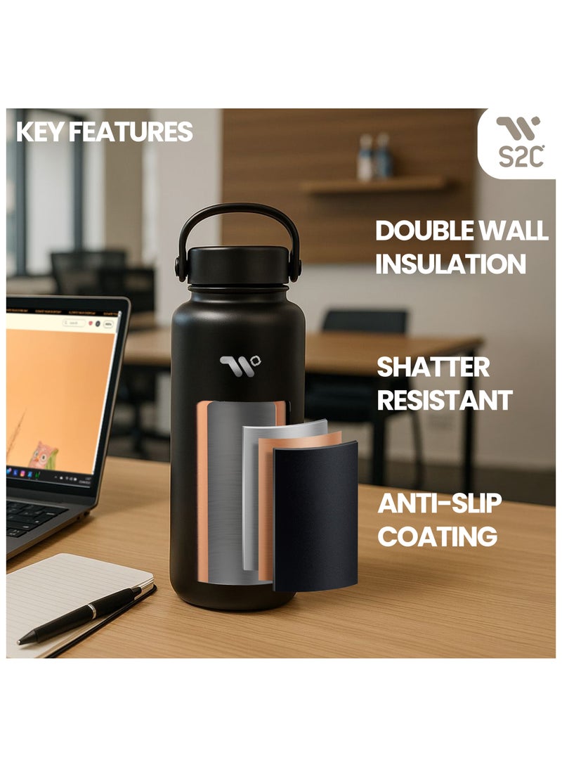 S2C 1200ML Insulated Water Bottle with 3 Lids, Double Wall, Leak Proof, Stainless Steel Water Bottle With Straw Water Bottle For Gym, Water Bottle Thermos Flask for Hot Water Bottle (DARK NIGHT) - Image 4