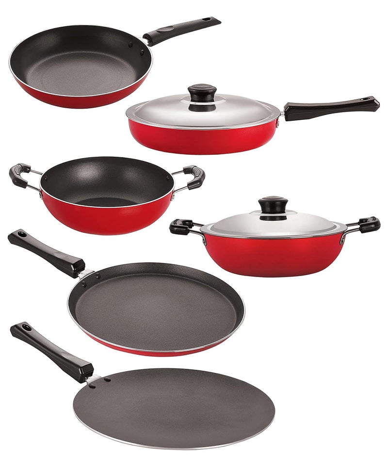 Nirlon Special Nonstick Tawa Combo Roti / Dosa Tawa 28.5Cm , Concave Tawa 28.5 Cm , Fry Pan With Stainless Steel Lid 2 Liter , Deep Kadai Without Lid 1.5 Liter , Appa Patram With Handle And Stainless Steel Lid 12 Cavity Red & Black , Aluminium , Export Quality