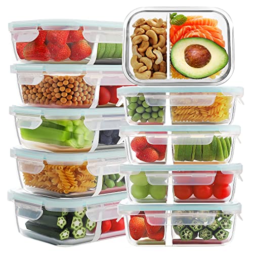 Bayco 10 Pack Glass Meal Prep Containers 2 Compartment, Glass Food Storage Containers with Lids, Airtight Lunch Bento Boxes, Leak Proof (10 lids & 10 Containers) - Image 1