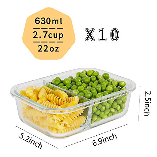 Bayco 10 Pack Glass Meal Prep Containers 2 Compartment, Glass Food Storage Containers with Lids, Airtight Lunch Bento Boxes, Leak Proof (10 lids & 10 Containers) - Image 2