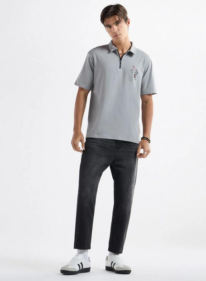 Splash FAV Typographic Print Polo T-shirt with Short Sleeves and Zip Closure