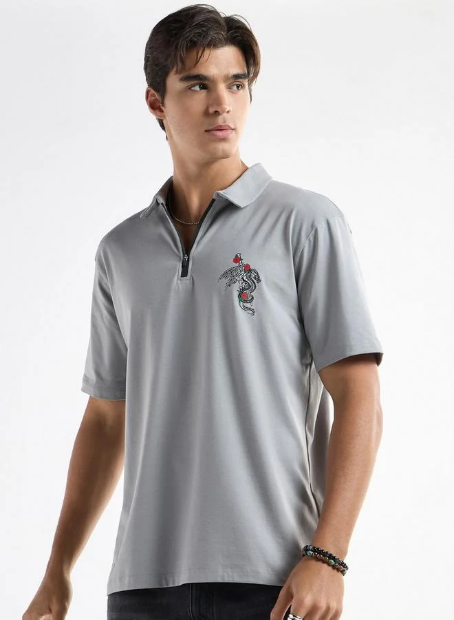 Splash FAV Typographic Print Polo T-shirt with Short Sleeves and Zip Closure