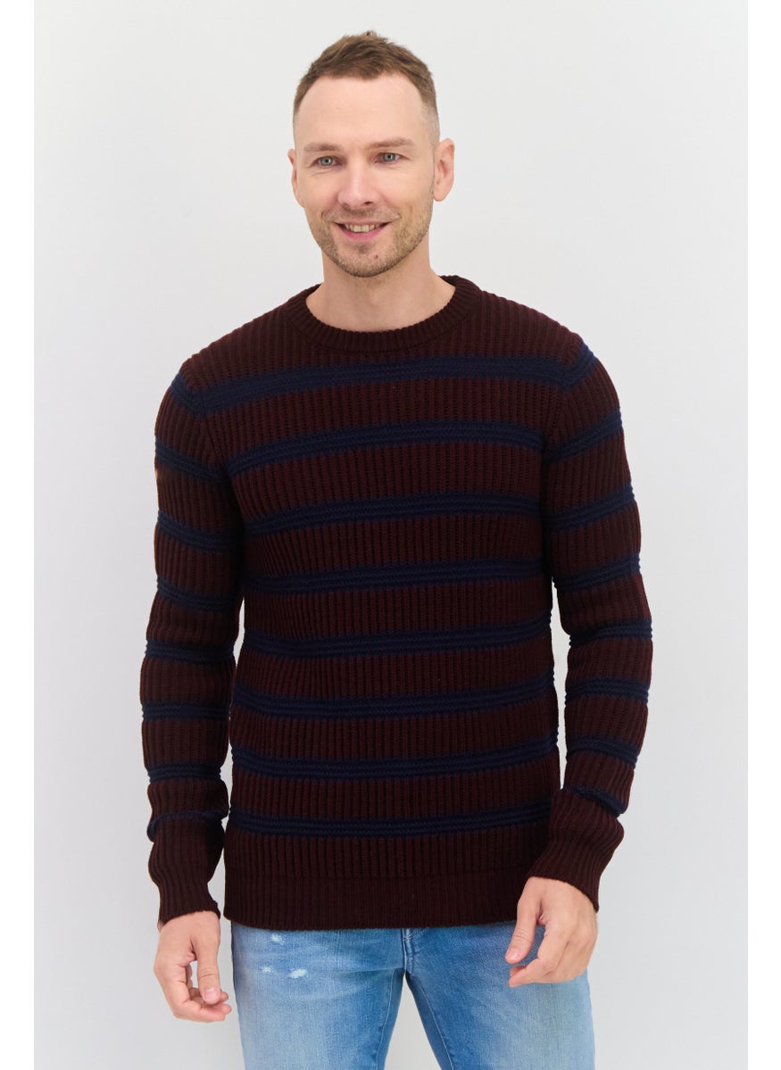 TRUSSARDI JEANS Men Crew Neck Crochet Long Sleeves Sweater, Merlot red  - Image 1