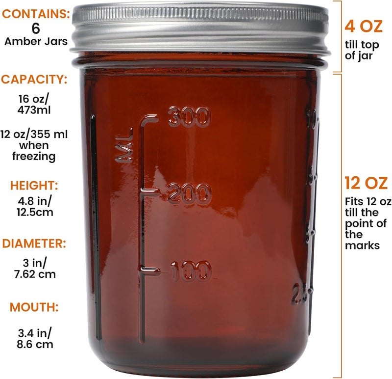 KORCCI Amber Glass Mason Jars 16oz - 6 Pcs Wide Mouth Mason Jars With Lids And Bands. Empty Candle Jar, Food Storage Containers, Canning Jar For Canning, Fermenting, Pickling, Jar Décor. - Image 2