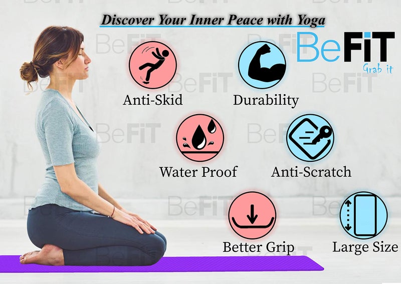 BeFiT® 6mm Anti-Skid Yoga Mat for Gym Workout and Yoga Exercise with Carrying Strap (Purple) - Image 2
