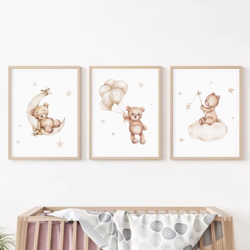 Baccone Bear Nursery Wall Art Decor Set of 3 Teddy Bear Canvas Wall Art Baby Boy Nursery Decor Prints Neutral Pictures Moon Star Cloud Print for Girls Children Room 16x24 Inch Unframed - Image 2