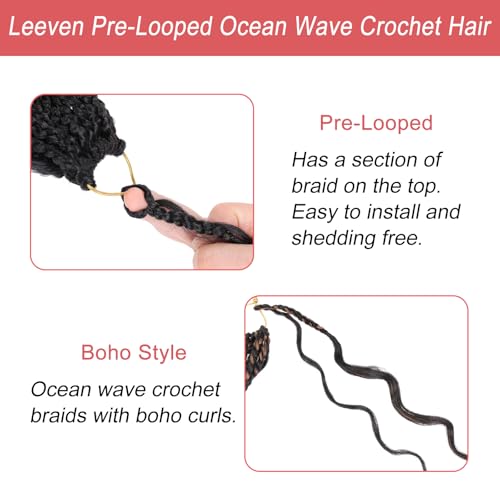 Leeven 14 Inch Pre Looped Ocean Wave Crochet Hair 8 Packs Black Short Curly Crochet Hair Boho Ocean Braids Pre Twisted Synthetic Deep Wavy Crochet Braids for Women - Image 3