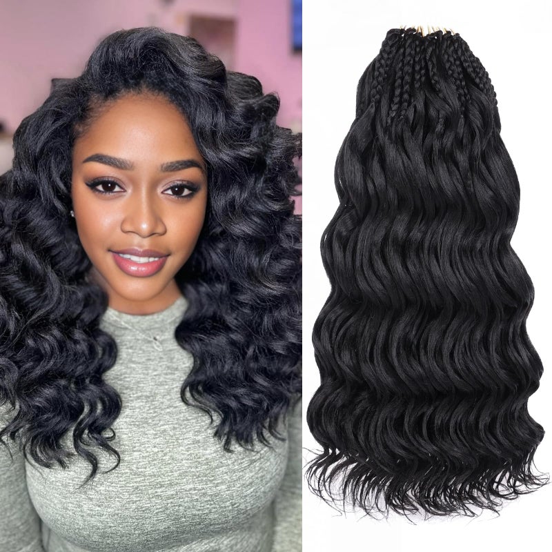 Leeven 14 Inch Pre Looped Ocean Wave Crochet Hair 8 Packs Black Short Curly Crochet Hair Boho Ocean Braids Pre Twisted Synthetic Deep Wavy Crochet Braids for Women - Image 2