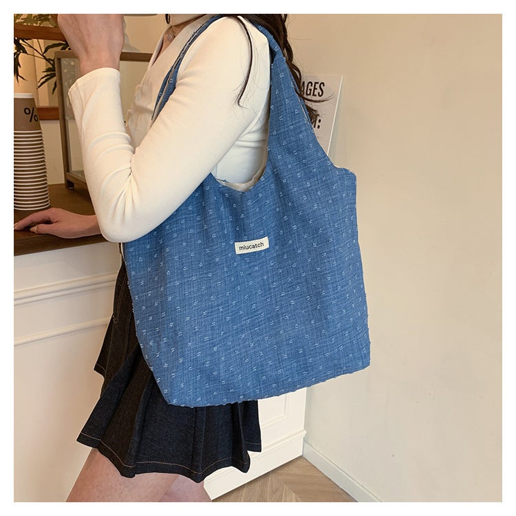 Fresh And Sweet Denim Vest Bag Student Book Large Capacity Handbag Casual Travel Shoulder Bag Shopping Bag - Image 2