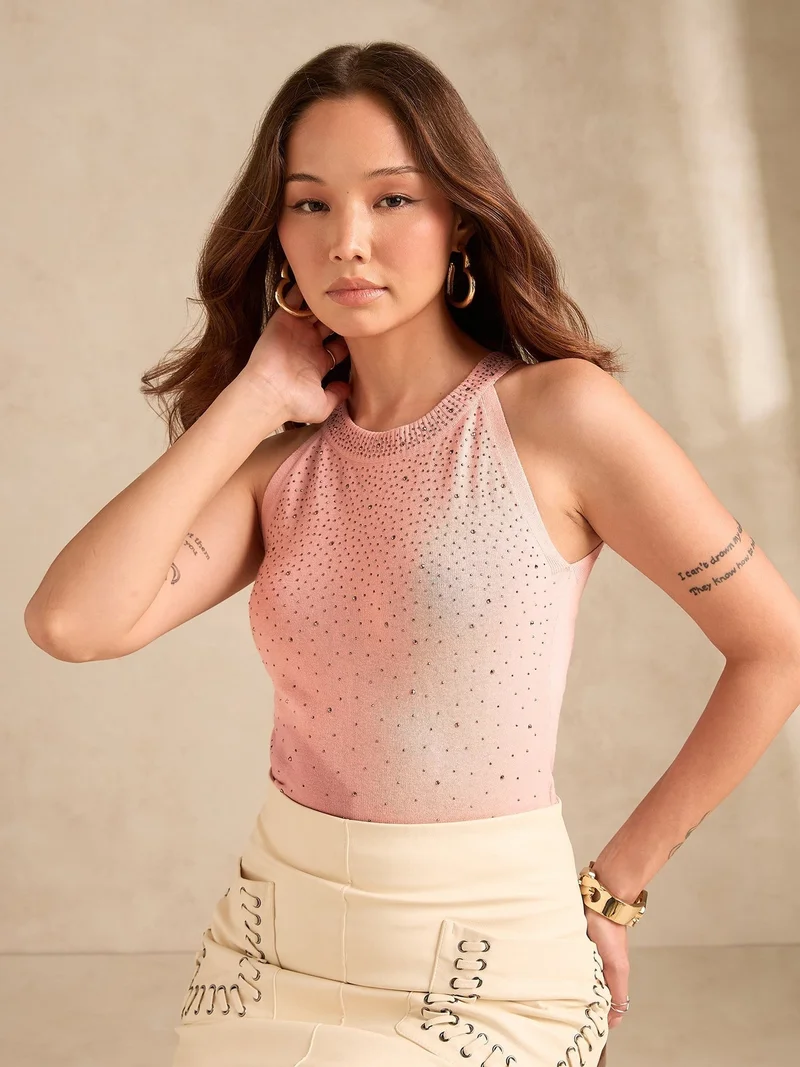 Outzidr  Rose Gold Halter Neck Studded Tank for Women | Best Price UAE