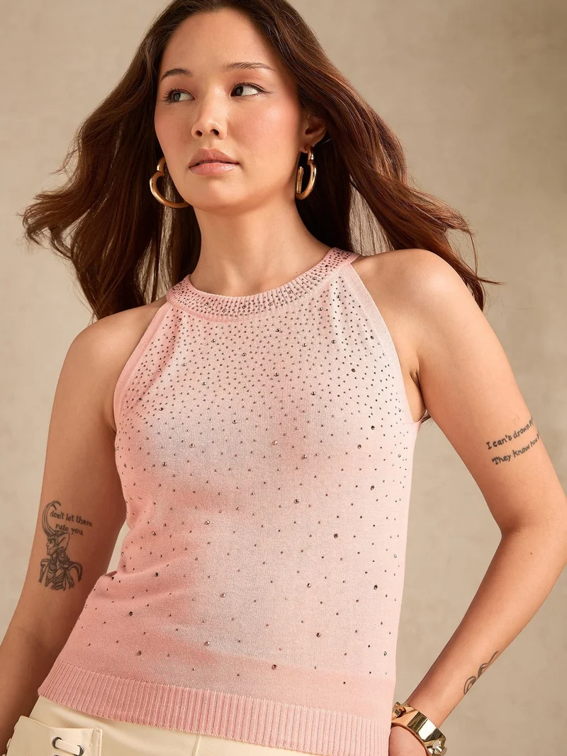 Outzidr  Rose Gold Halter Neck Studded Tank for Women | Best Price UAE