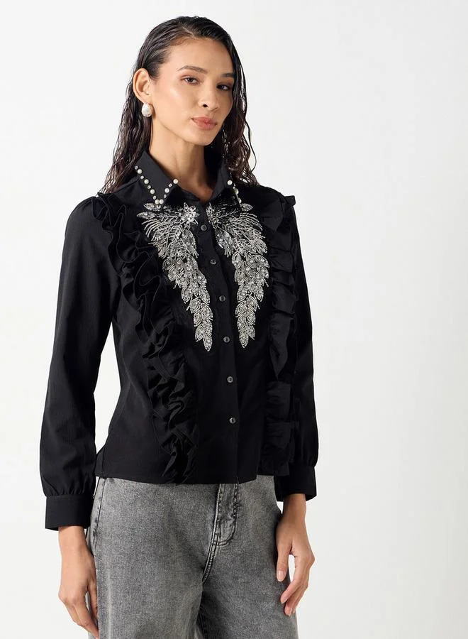 2Xtremz 2Xtremz Embellished Shirt with Long Sleeves and Ruffle Detail