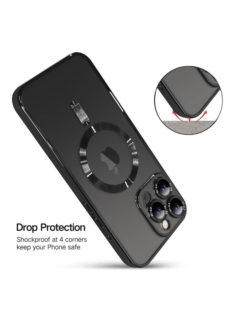 جراب مغناطيسي مصمم لهاتف iPhone 16 Pro Max [واقي عدسة كاميرا مدمج] [متوافق مع MagSafe] جراب شفاف رفيع ومضاد للخدش ومضاد للصدمات من مادة TPU الناعمة للنساء والرجال - أسود