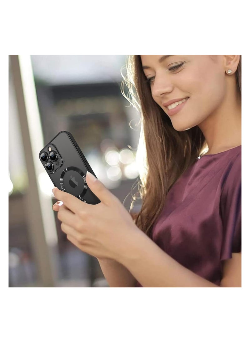 جراب مغناطيسي مصمم لهاتف iPhone 16 Pro Max [واقي عدسة كاميرا مدمج] [متوافق مع MagSafe] جراب شفاف رفيع ومضاد للخدش ومضاد للصدمات من مادة TPU الناعمة للنساء والرجال - أسود