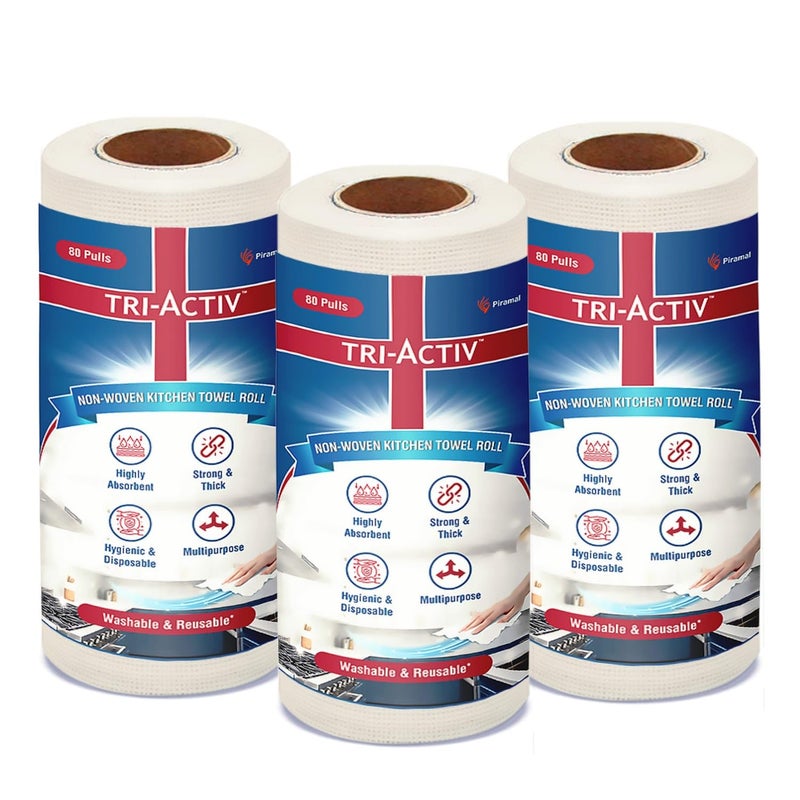 TRI-ACTIV Washable & Reusable Kitchen Towel Roll | 80 Pulls per Roll, 240 Sheets Pack of 3 | Highly Absorbent Kitchen Tissue Roll | Non Woven Fabric | Better alternative to Paper Tissue Roll | White - Image 1