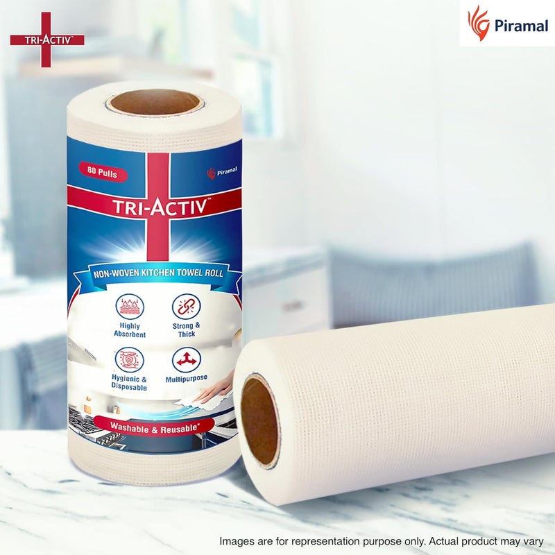 TRI-ACTIV Washable & Reusable Kitchen Towel Roll | 80 Pulls per Roll, 240 Sheets Pack of 3 | Highly Absorbent Kitchen Tissue Roll | Non Woven Fabric | Better alternative to Paper Tissue Roll | White - Image 2