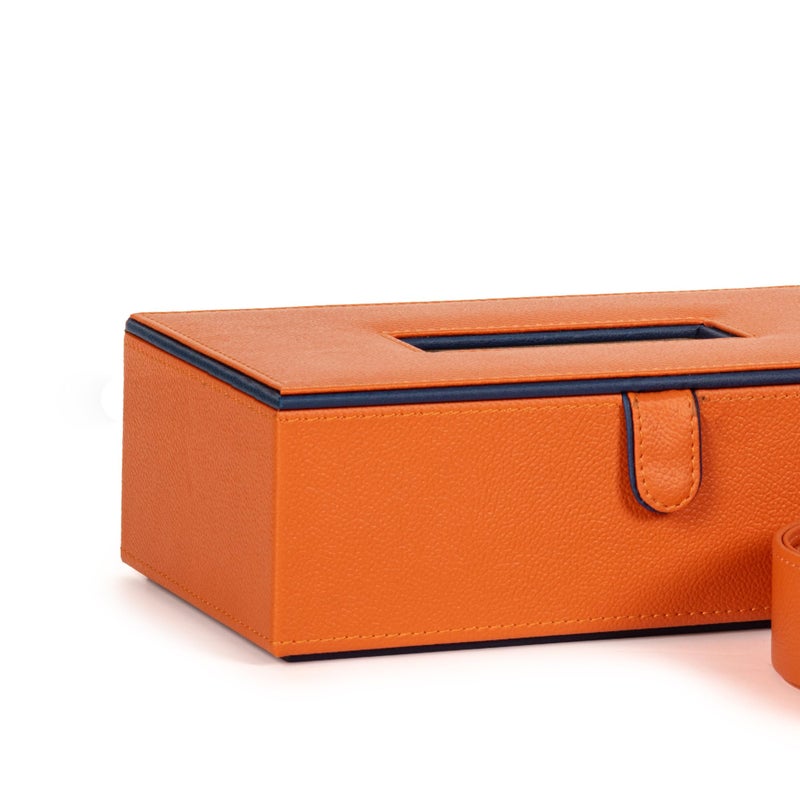 CASA BOTANICAL 2.CASA BOTANICAL Leather Car Tissue Box & Tea Coasters Combo - Set of 2 (Orange) | Napkin Holder & Tissue Dispenser for Cars, Office, Dining Room, Home Decor - Image 2
