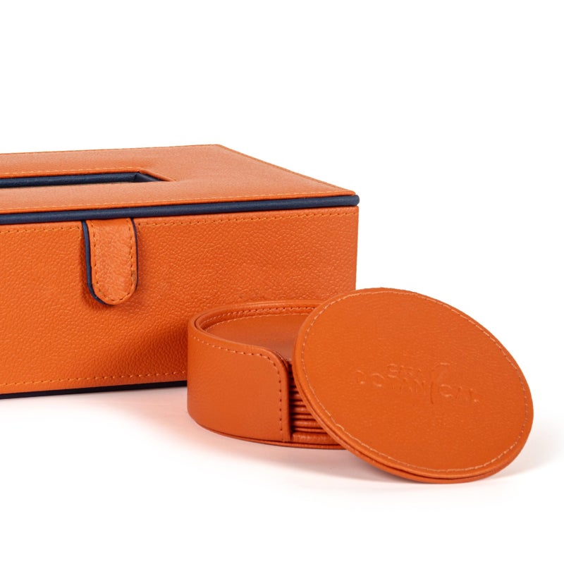 CASA BOTANICAL 2.CASA BOTANICAL Leather Car Tissue Box & Tea Coasters Combo - Set of 2 (Orange) | Napkin Holder & Tissue Dispenser for Cars, Office, Dining Room, Home Decor - Image 3