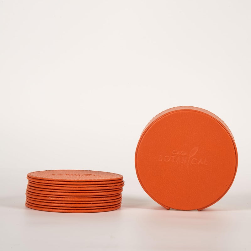 CASA BOTANICAL 2.CASA BOTANICAL Leather Car Tissue Box & Tea Coasters Combo - Set of 2 (Orange) | Napkin Holder & Tissue Dispenser for Cars, Office, Dining Room, Home Decor - Image 4