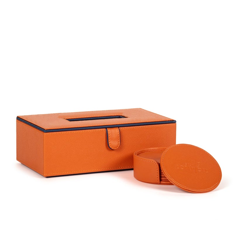 CASA BOTANICAL 2.CASA BOTANICAL Leather Car Tissue Box & Tea Coasters Combo - Set of 2 (Orange) | Napkin Holder & Tissue Dispenser for Cars, Office, Dining Room, Home Decor - Image 1