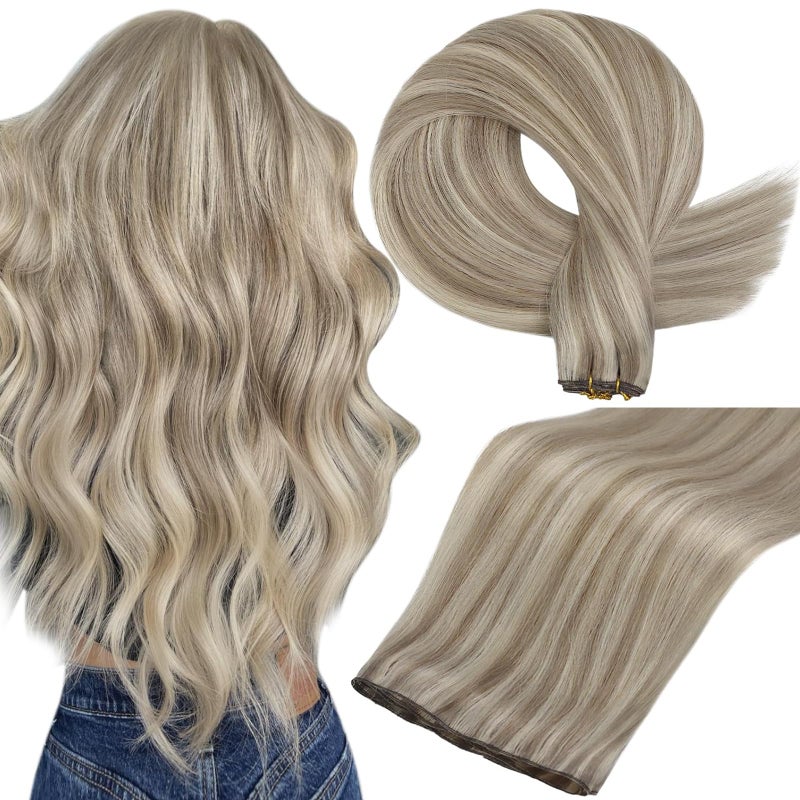 Full Shine 18 Inch Sew In Hair Extensions Real Human Hair Genius Weft Hair Extensions Color Ash Blonde Highlight Bleach Blonde Hair Weft Hand Tied Double Weft Extensions 50G - Image 1