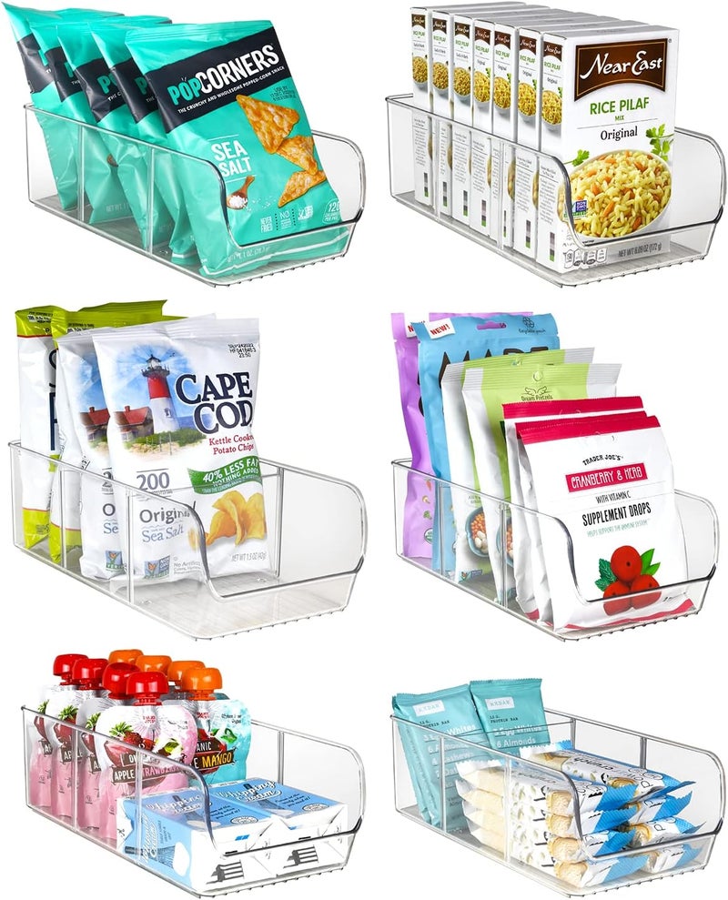 ELTOW Clear Storage Bins for Pantry - 3 Compartment Kitchen Cabinet and Cupboard Storage Organizers, Multipurpose Storage Bins for Snacks, Packets, Pouches, Spice Packets, Plastic Bin for Fridge - 6 Pack - Image 1