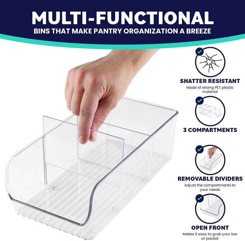 ELTOW Clear Storage Bins for Pantry - 3 Compartment Kitchen Cabinet and Cupboard Storage Organizers, Multipurpose Storage Bins for Snacks, Packets, Pouches, Spice Packets, Plastic Bin for Fridge - 6 Pack - Image 4