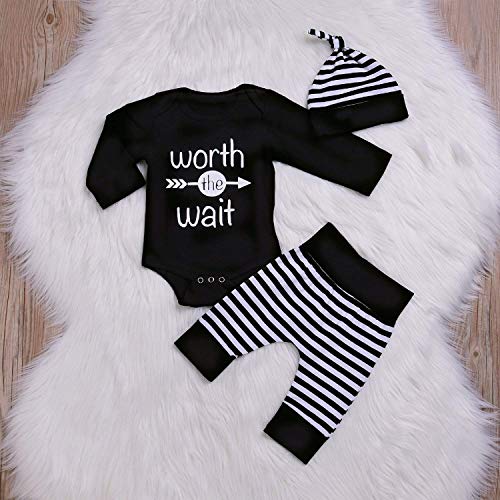 Besokuse Baby Unisex Worth The Wait Arrow Printed Romper Striped Pant Hat Outfit Clothes (Black, Newborn) - Image 2