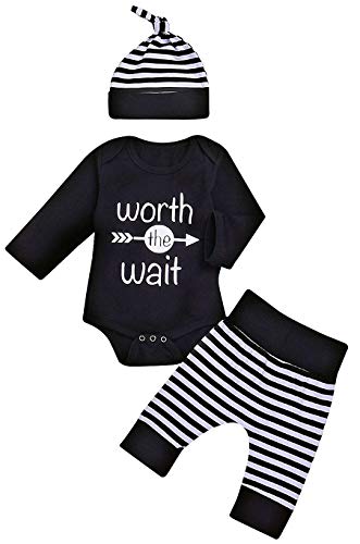 Besokuse Baby Unisex Worth The Wait Arrow Printed Romper Striped Pant Hat Outfit Clothes (Black, Newborn) - Image 1
