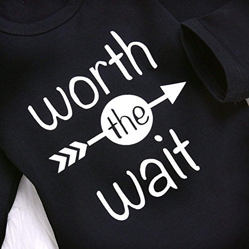 Besokuse Baby Unisex Worth The Wait Arrow Printed Romper Striped Pant Hat Outfit Clothes (Black, Newborn) - Image 4