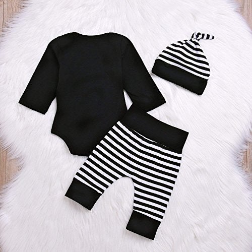 Besokuse Baby Unisex Worth The Wait Arrow Printed Romper Striped Pant Hat Outfit Clothes (Black, Newborn) - Image 3