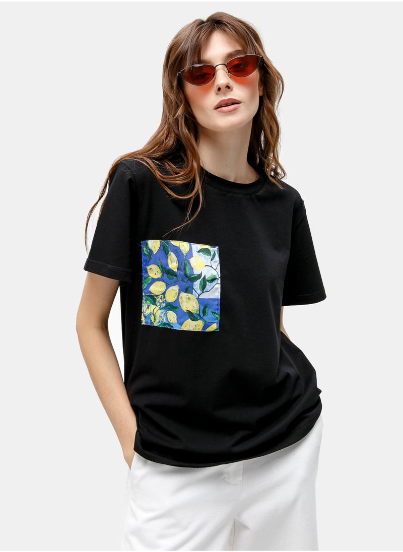 Artograph Women premium cotton black T-shirt with artist unique painting Lemons  - Image 1