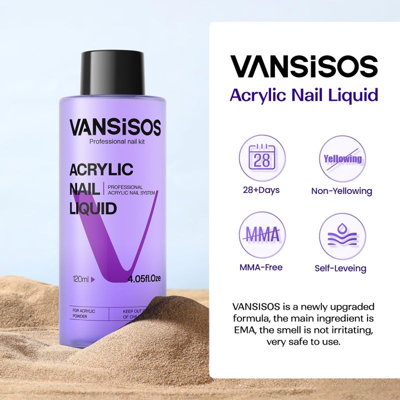 VANSISOS Monomer Acrylic Nail Liquid: 4fl.oz Professional EMA Acrylic Liquid Monomer with Nail Brush for Beginners at Home DIY Nail Salon Use Non-Yellowing MMA-Free - Image 2