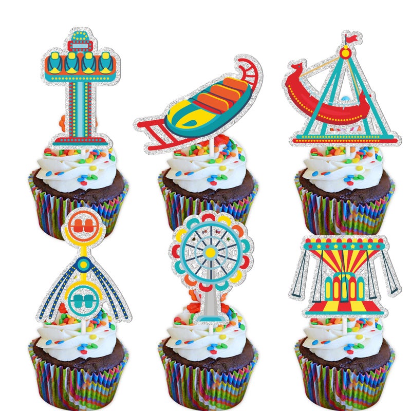 LETLIMIT 18pcs Ferris Wheel Dessert Cupcake Topper Blue Glitter Baby shower Theme Decor Supplies Boy Girl Happy Birthday Amusement Park Party Decorations - Image 1
