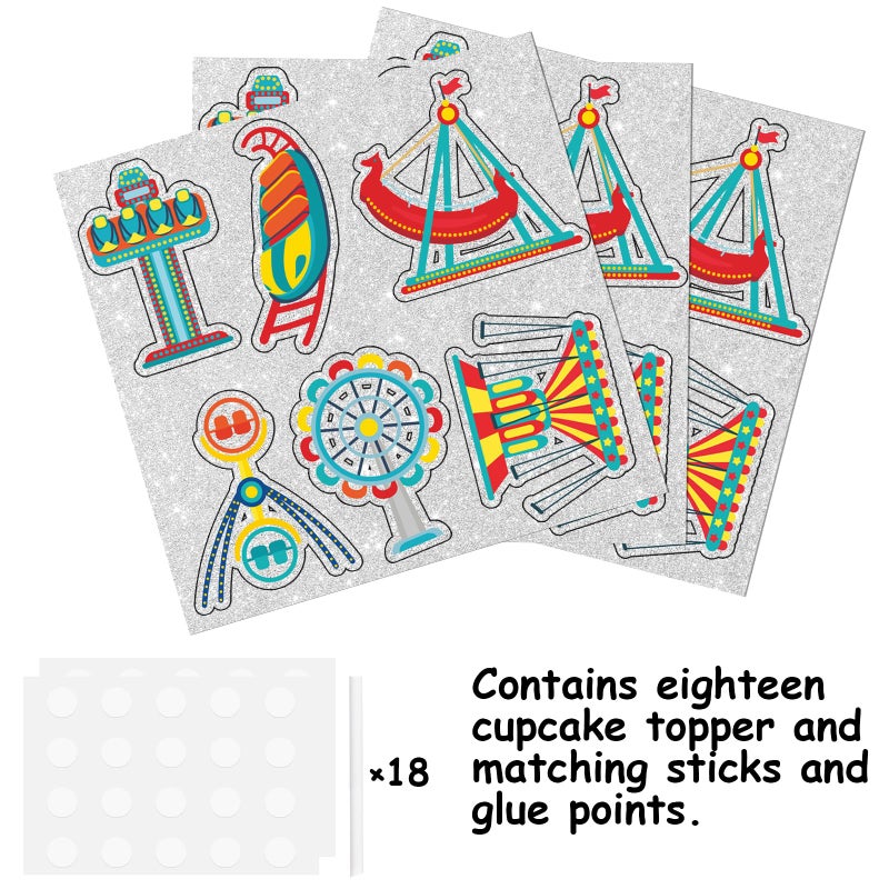 LETLIMIT 18pcs Ferris Wheel Dessert Cupcake Topper Blue Glitter Baby shower Theme Decor Supplies Boy Girl Happy Birthday Amusement Park Party Decorations - Image 3