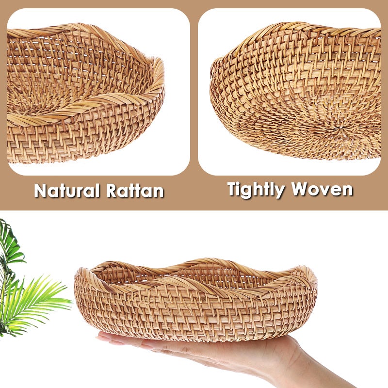 Hipiwe Natural Rattan Tray 8.5" Wicker Storage Bowls Hand Woven Basket Tray for Bread Fruit Key Round Fruit Baskets for Kitchen Entryway Tabletop Decorative Baskets Bowl - Image 4