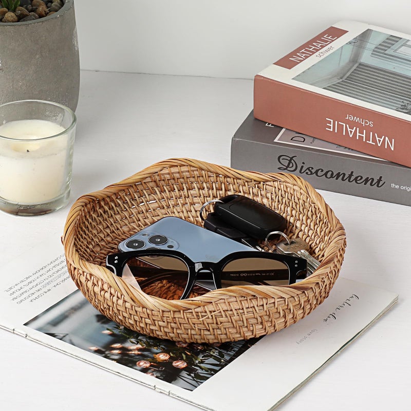 Hipiwe Natural Rattan Tray 8.5" Wicker Storage Bowls Hand Woven Basket Tray for Bread Fruit Key Round Fruit Baskets for Kitchen Entryway Tabletop Decorative Baskets Bowl - Image 3