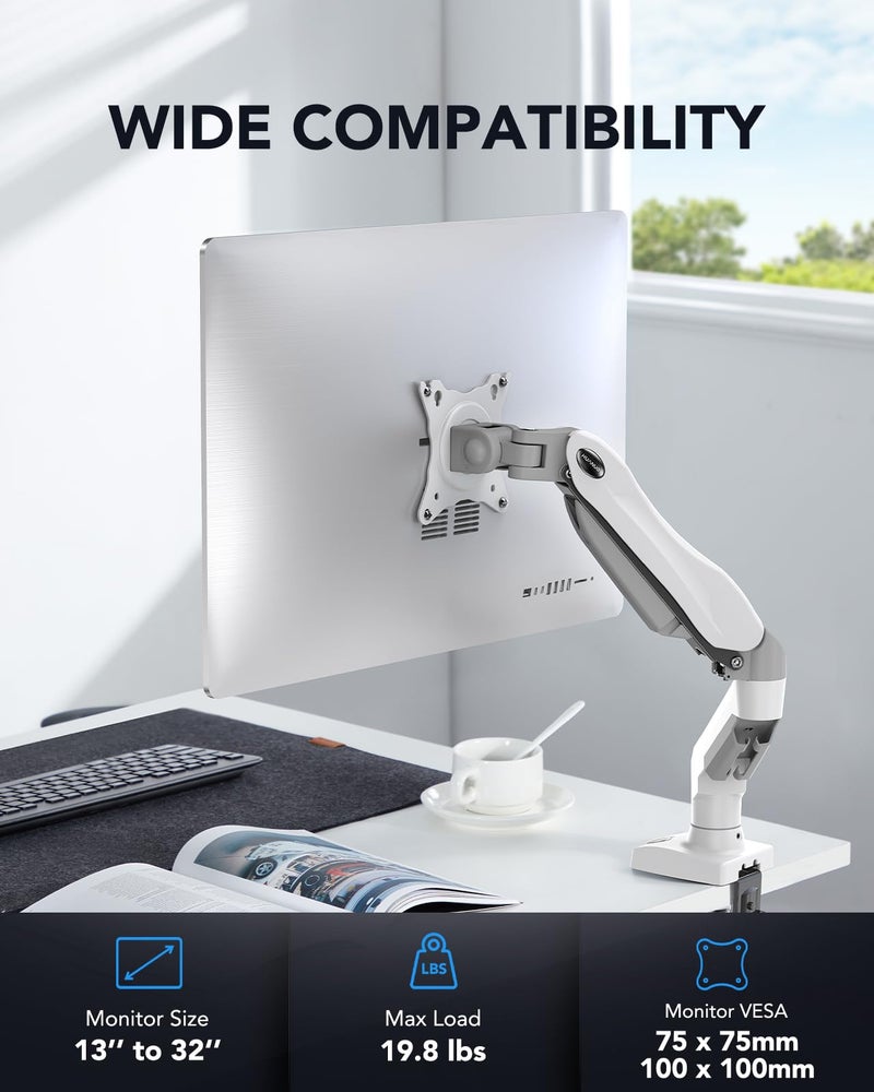 HUANUO Single Monitor Mount, 13 to 32 Inch Gas Spring Monitor Arm, Adjustable Stand, Vesa Mount with Clamp and Grommet Base - Fits 4.4 to 19.8lbs LCD Computer Monitors - Image 2